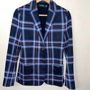 Ralph Lauren Blue Plaid Blazer Gold Logo Engraved Buttons Academia Preppy Sz SP